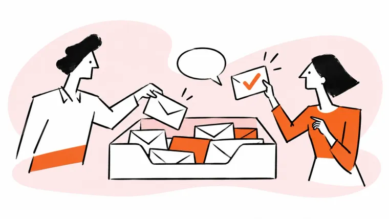 Two teammates handle incoming and resolved messages together around one shared inbox tray.