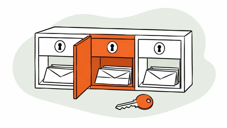 A shared mail cabinet with three keyholes, an open orange compartment, and a key.