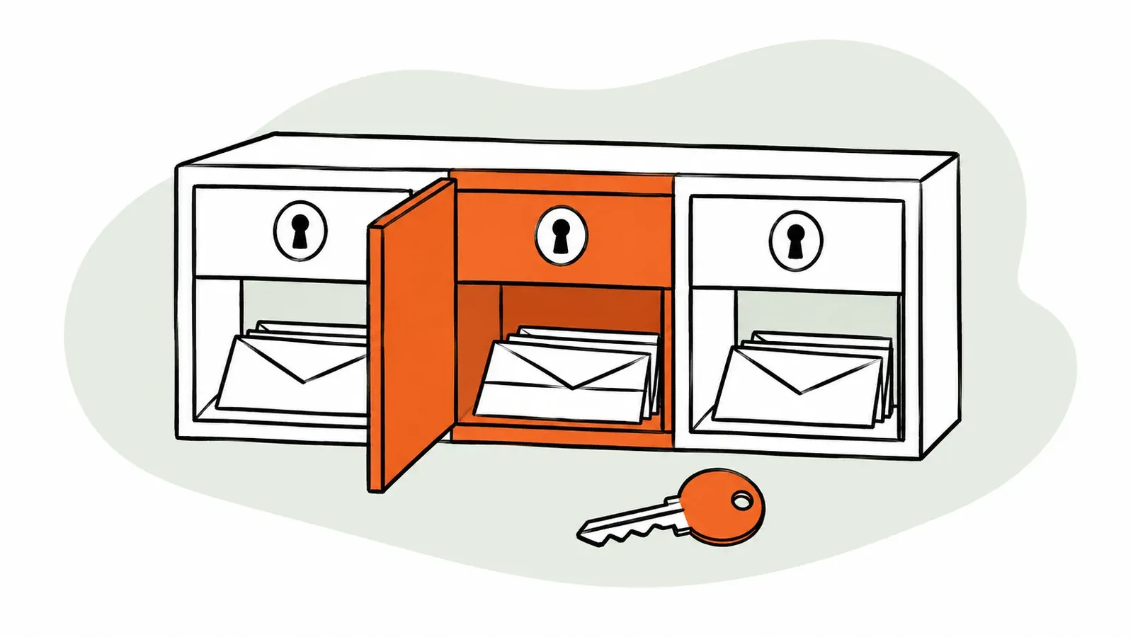 A shared mail cabinet with three keyholes, an open orange compartment, and a key.