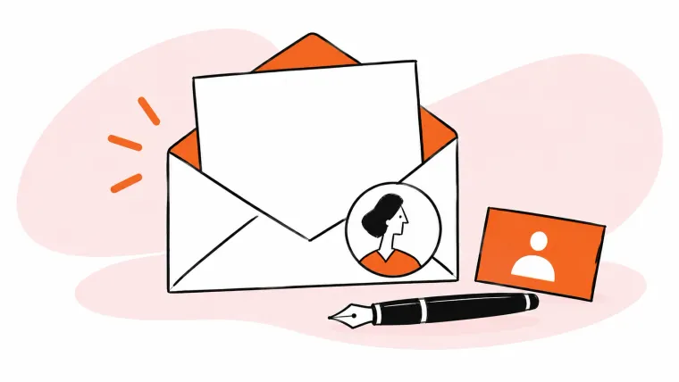An open envelope with a blank letter, profile medallion, contact card, and fountain pen.