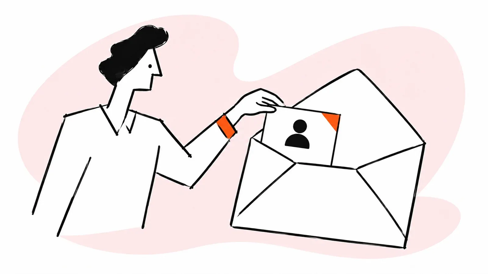 A person places a profile card inside a large open envelope.