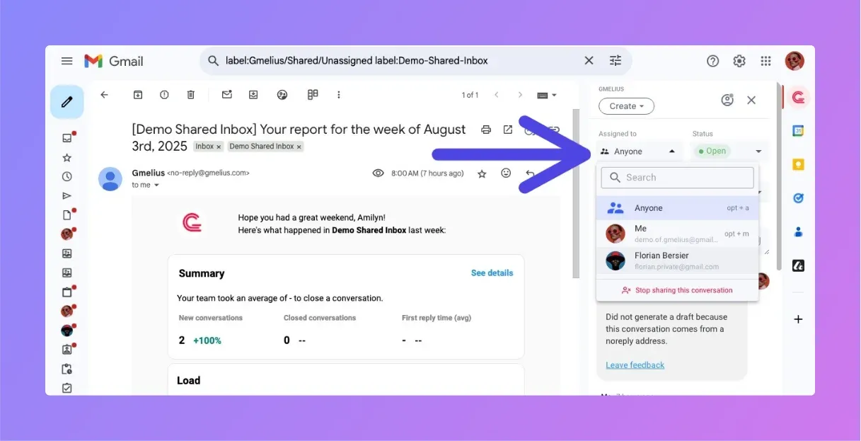 Gmelius assignment menu and conversation status beside a message in Gmail.
