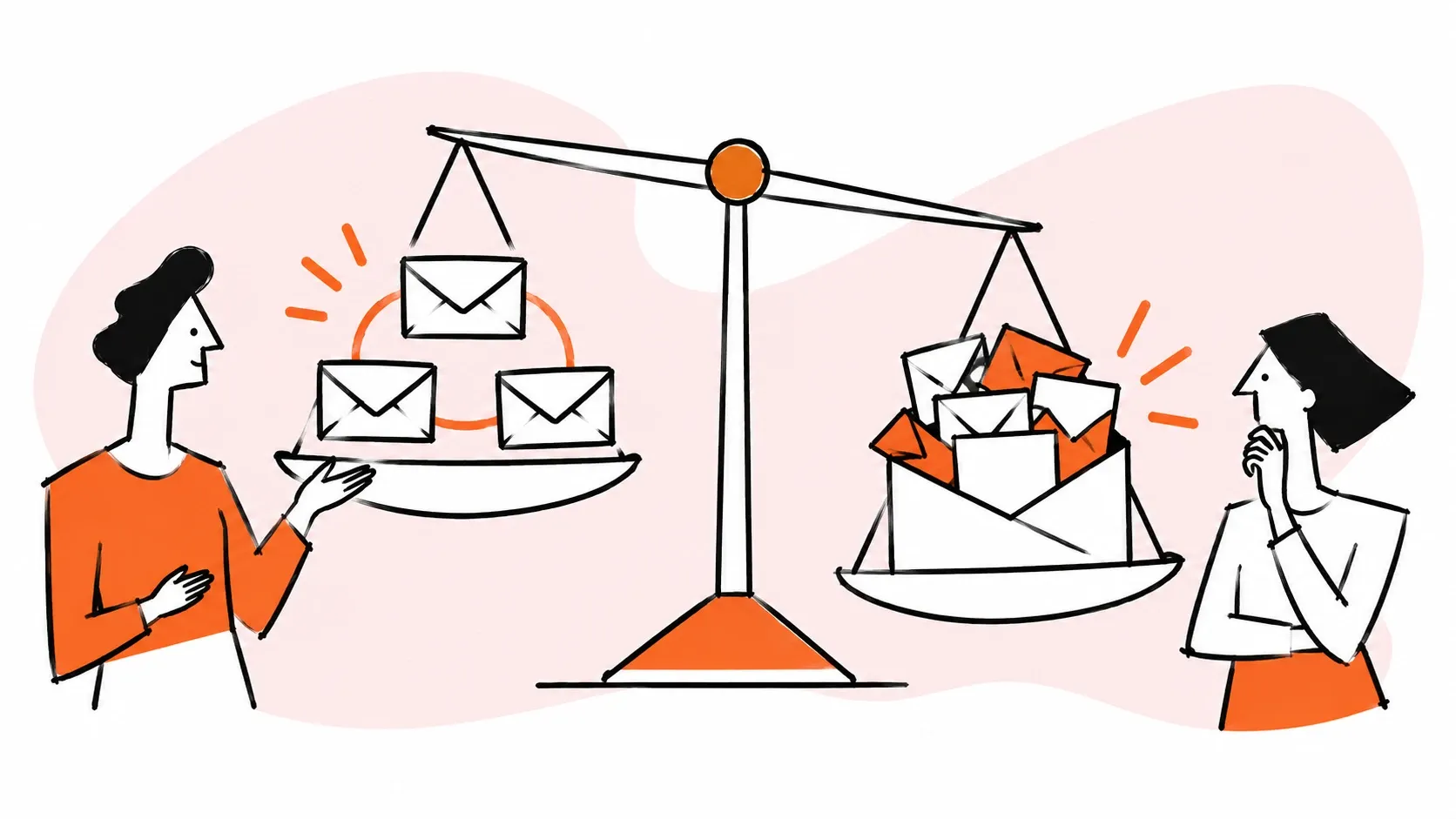 A balance compares coordinated group email with a crowded conversation.