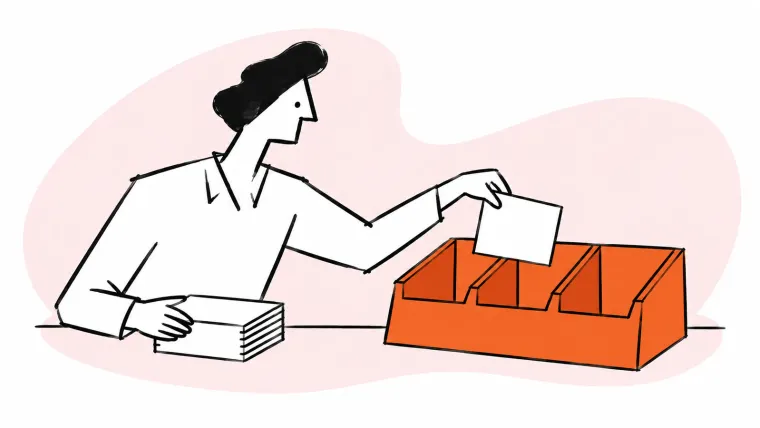 A teammate sorts blank request cards into an orange three-compartment rack.