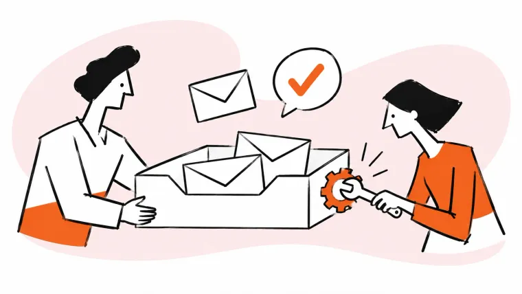 Two teammates configure a shared inbox tray by adjusting an orange gear with a wrench.