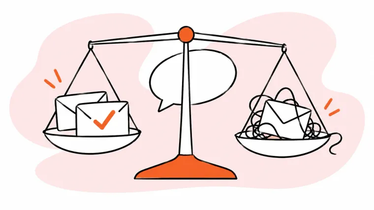 A balance scale weighs neatly resolved messages against an envelope tangled in string.