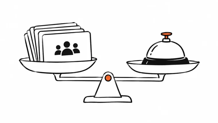 A balance scale weighs a stack of group cards against a service bell.