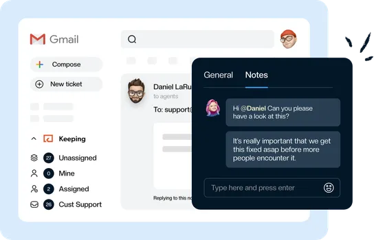 A private note and an @mention on a shared email in Gmail