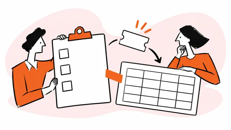 Two people connect a blank form clipboard and spreadsheet grid with orange tape to track a support ticket.