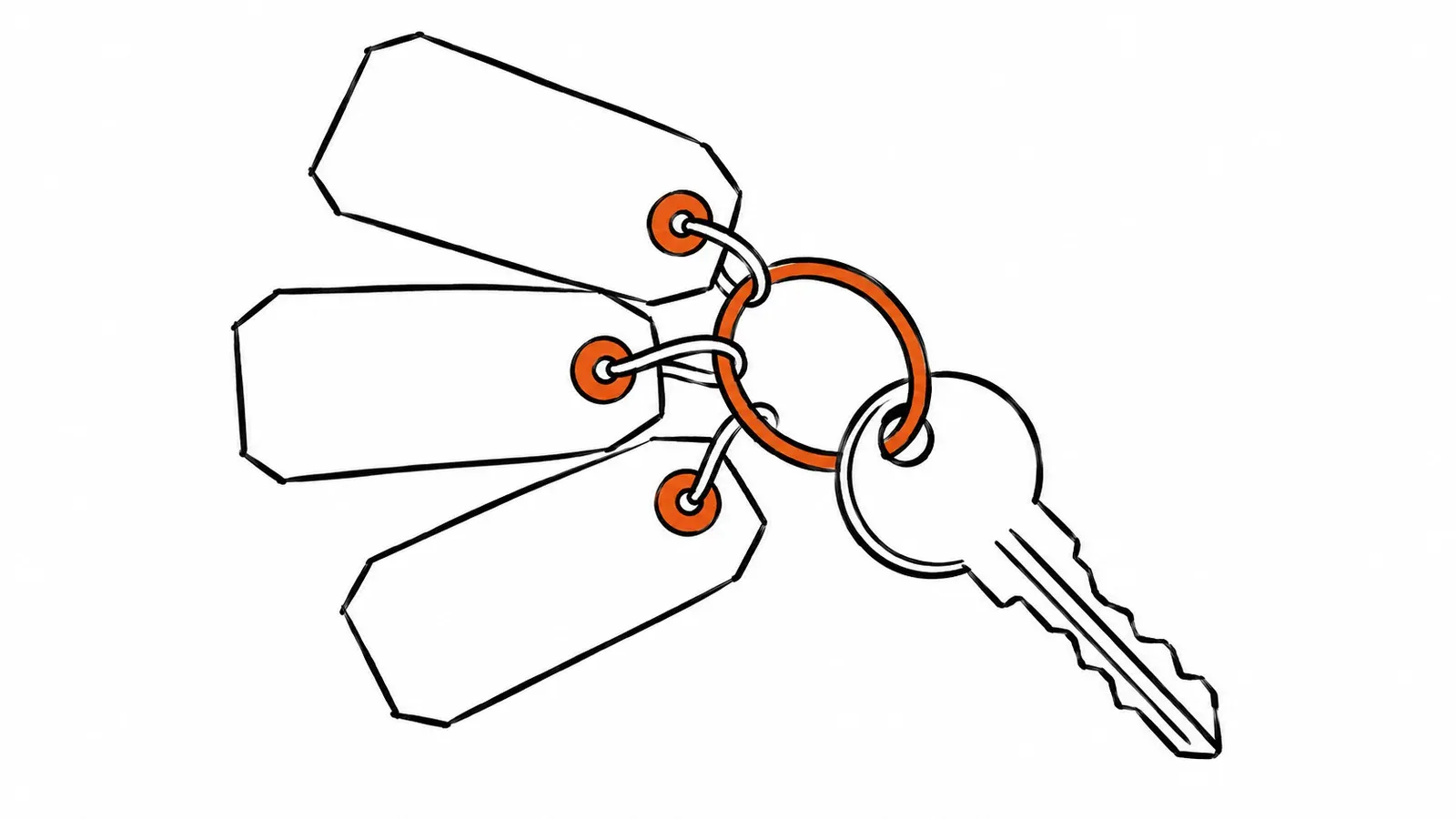 Three blank address tags attached to one keyring and key, representing several aliases for one account