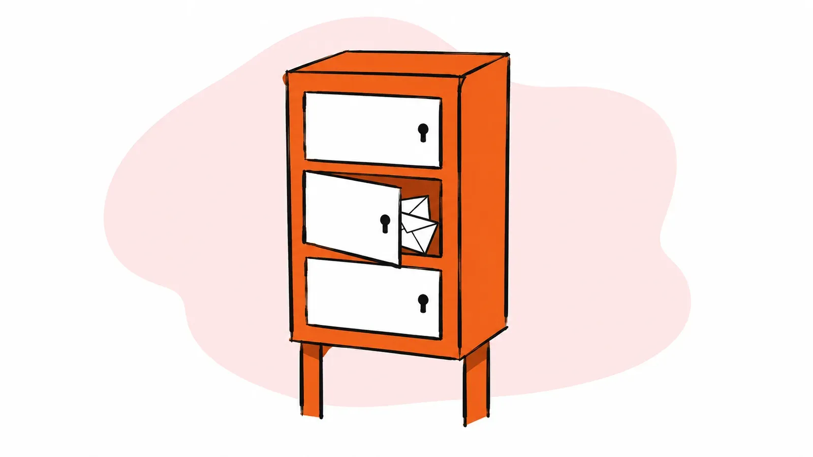An orange mailbox cabinet on legs with three white locking doors, the middle one open with envelopes inside.