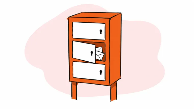 An orange mailbox cabinet on legs with three white locking doors, the middle one open with envelopes inside.