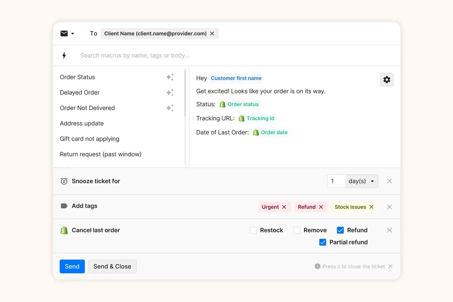 Gorgias reply workspace showing ecommerce macros, Shopify order fields, ticket tags, and refund controls.