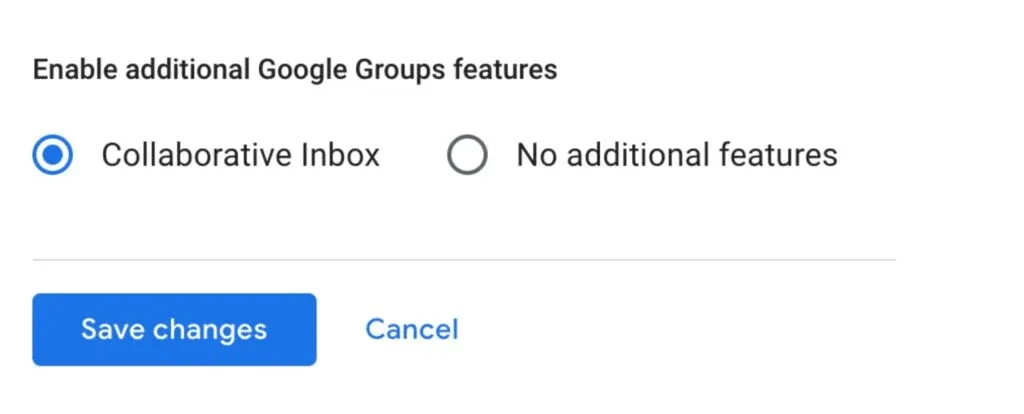 Google Groups settings with Collaborative Inbox selected under additional features.