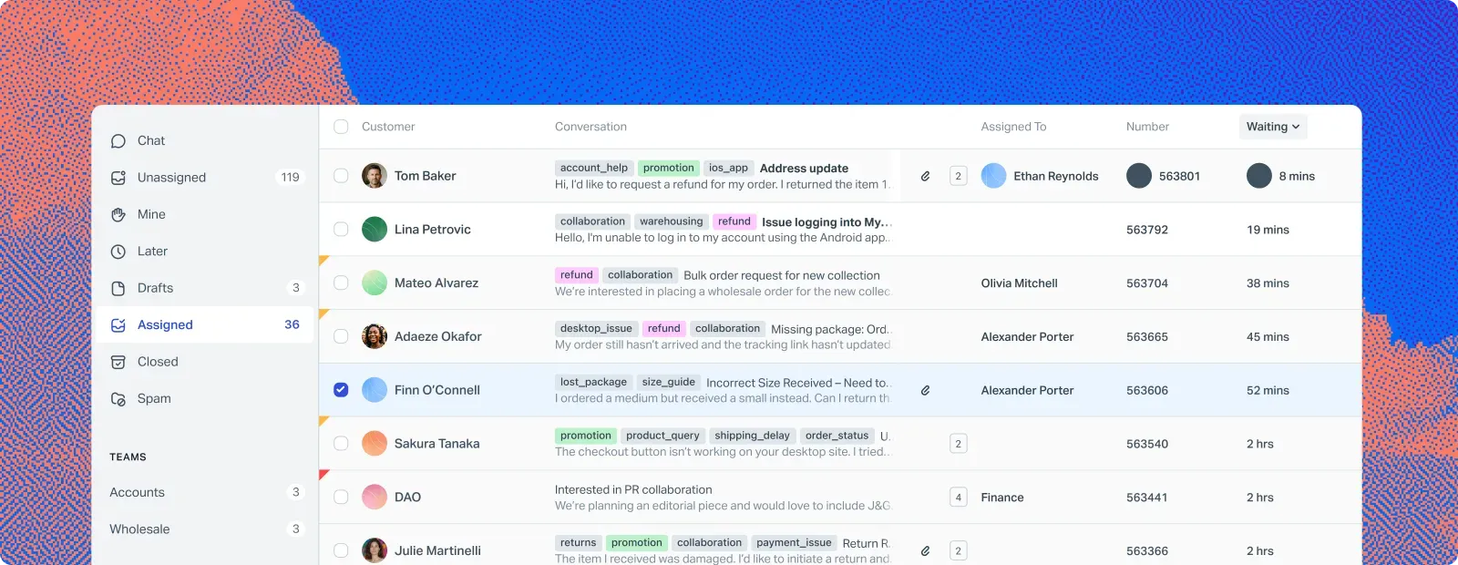Help Scout’s inbox list with tags, waiting times and an Assigned To column naming the teammate responsible for each conversation