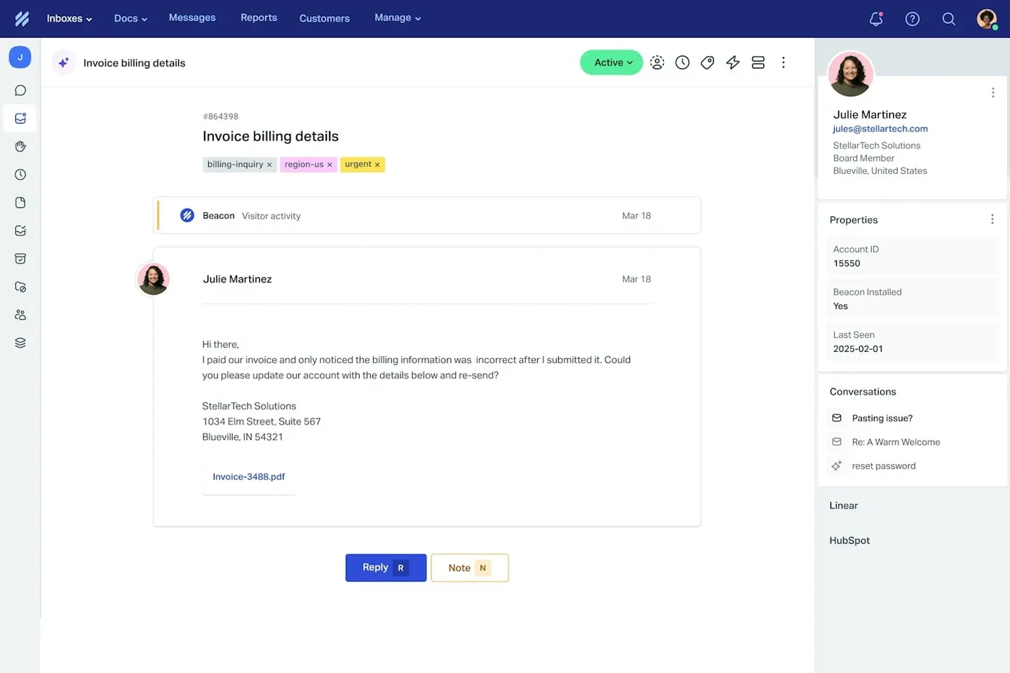 Help Scout conversation view showing a billing inquiry, reply controls, and customer details.