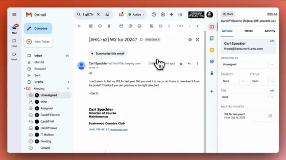 A customer email open in Gmail with Keeping’s shared mailboxes and assignment and status controls.