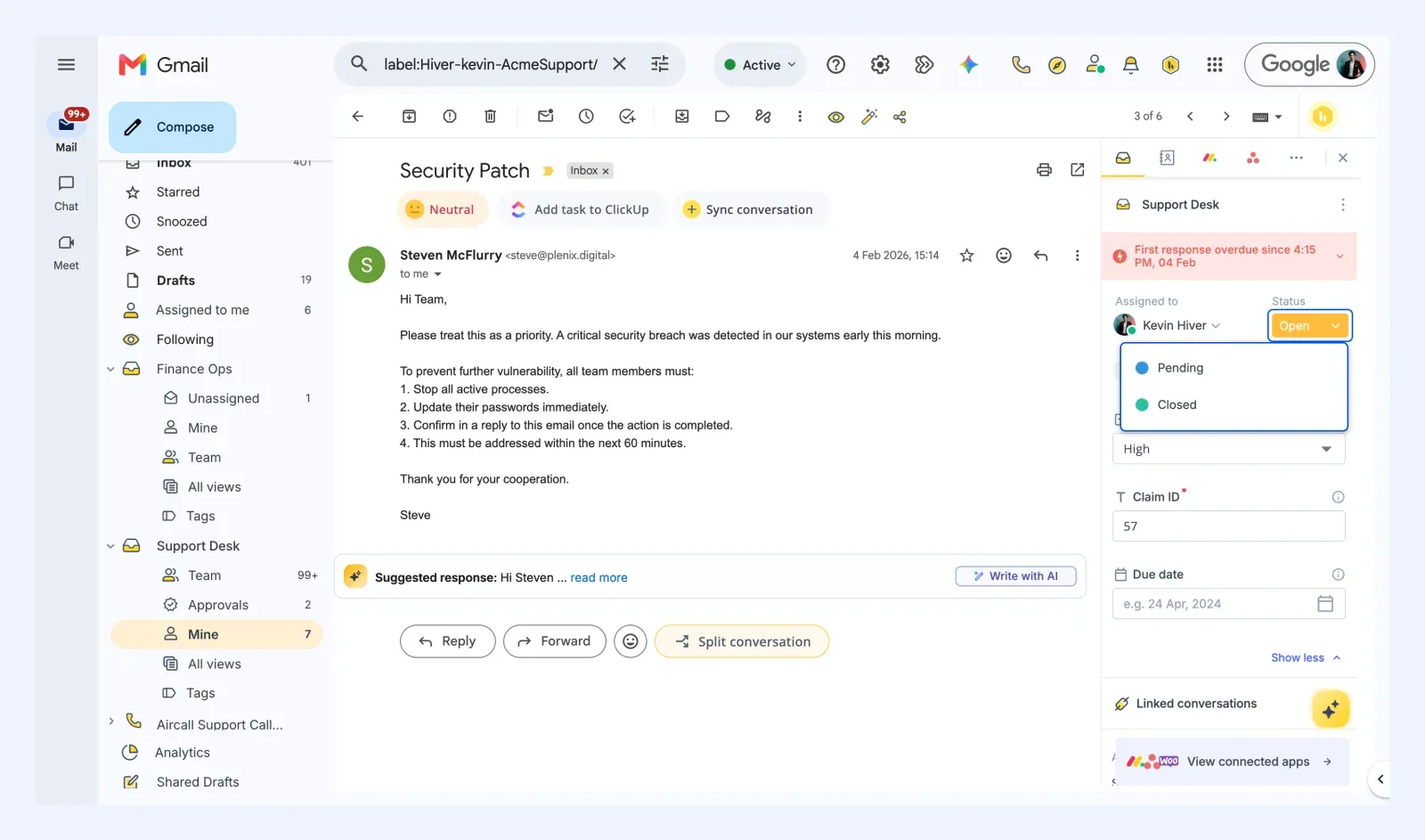 Hiver’s panel inside Gmail showing a conversation’s assignee and the status menu with Open, Pending and Closed