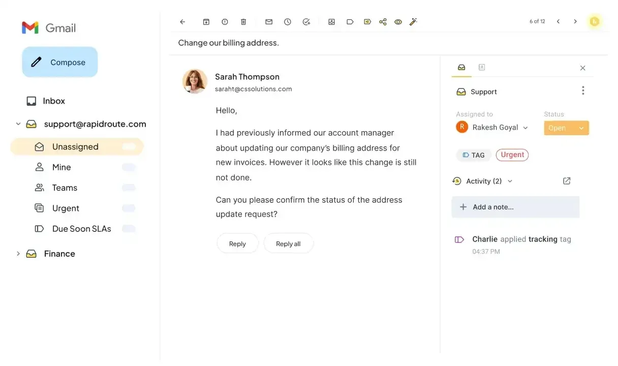 Hiver inside Gmail with a billing email, shared inbox folders, assignee, status, tags, and internal notes.