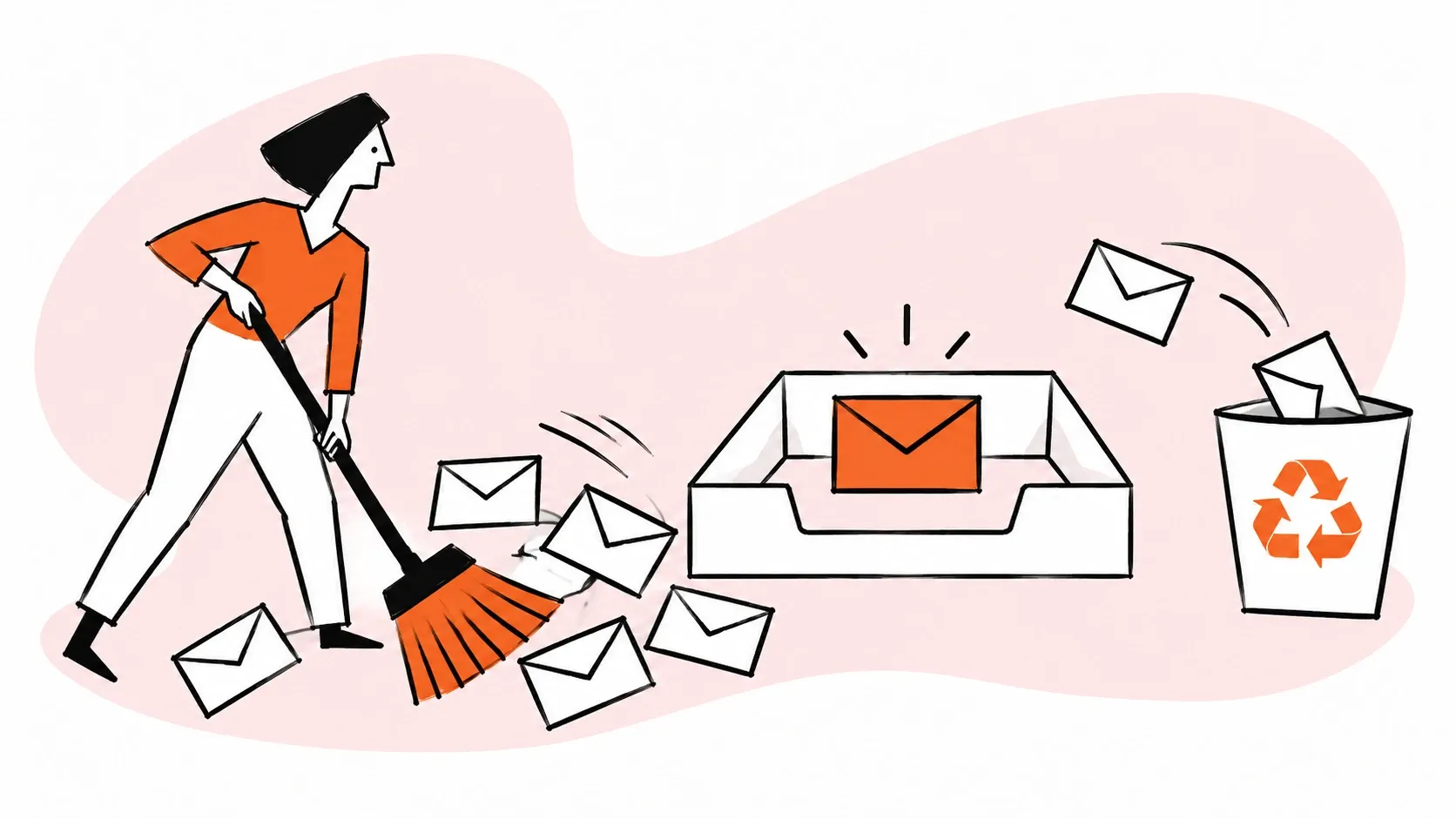 A broom clears loose email from an inbox.
