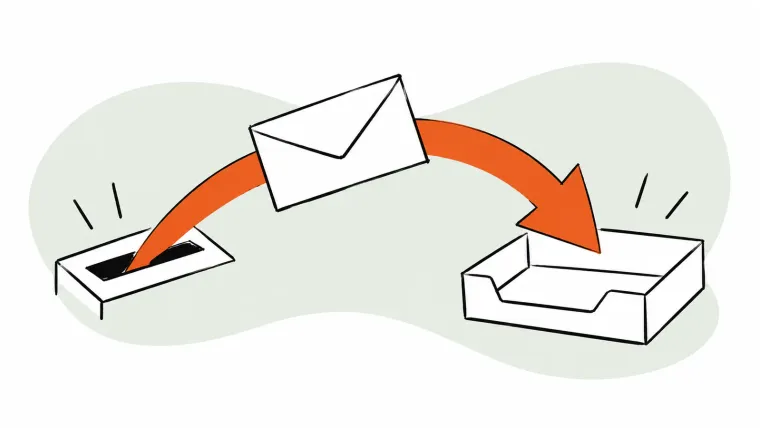 An orange arrow carries an envelope from a mail slot to a receiving tray.
