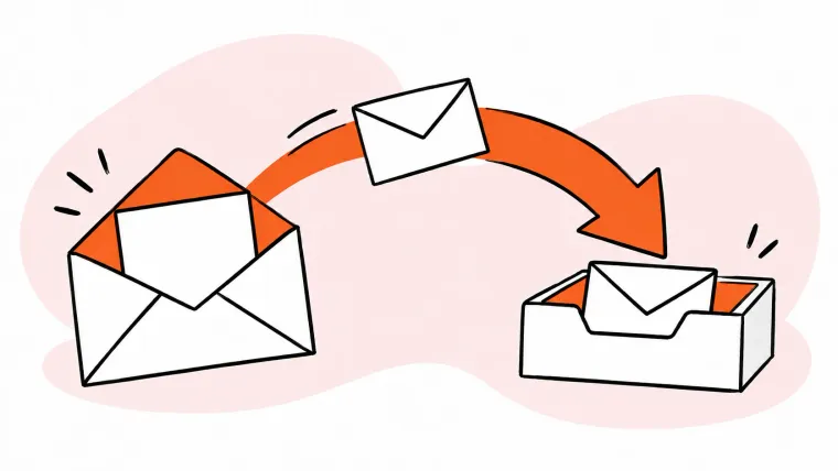 A curved orange arrow carries an envelope from incoming mail to a receiving inbox tray.
