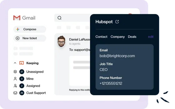 A HubSpot panel in Gmail showing the sender's email, job title and phone number