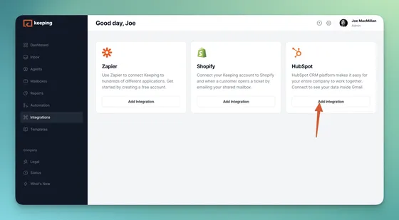 The Integrations page in Keeping, with an arrow pointing to the Add Integration button on the HubSpot card