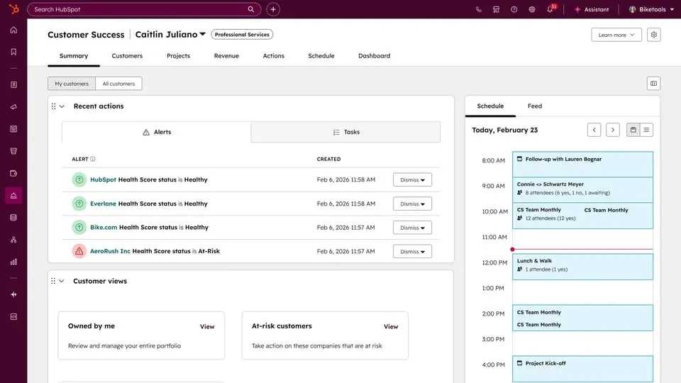 HubSpot Service Hub customer success workspace with health alerts, customer views, and a daily schedule.