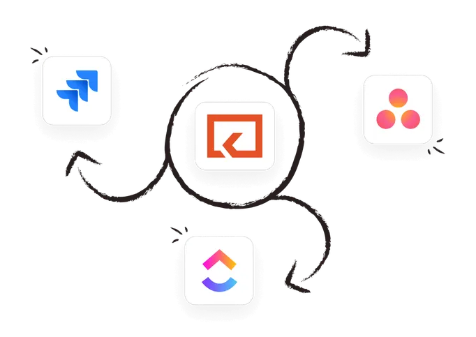 Hand-drawn arrows linking the Keeping mark to the Jira, Asana and ClickUp logos