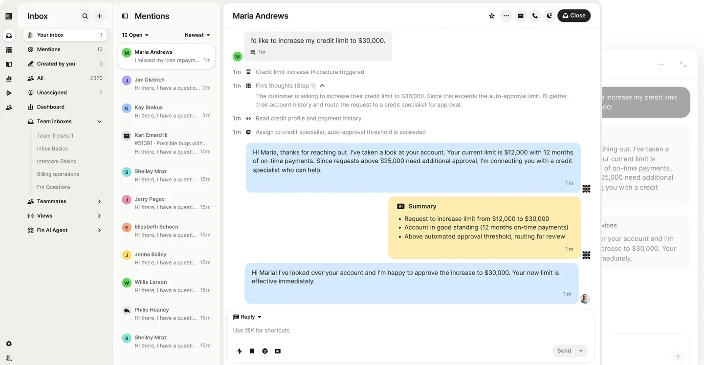 Intercom inbox showing a credit limit request, Fin reasoning and conversation summary, and an agent reply.