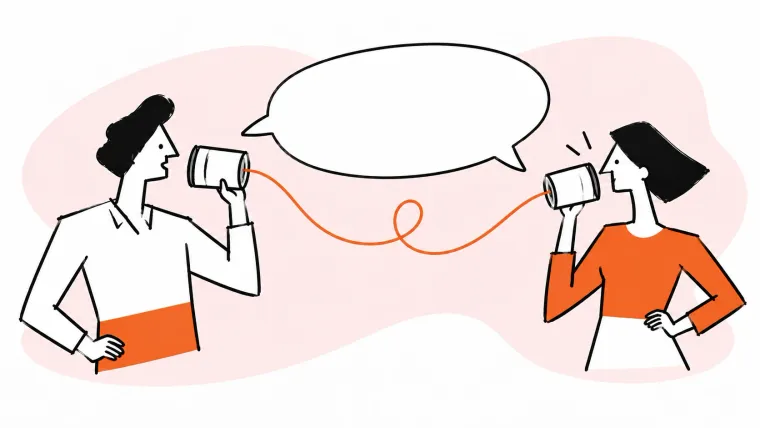 Two teammates communicate through tin-can telephones connected by an orange cord.