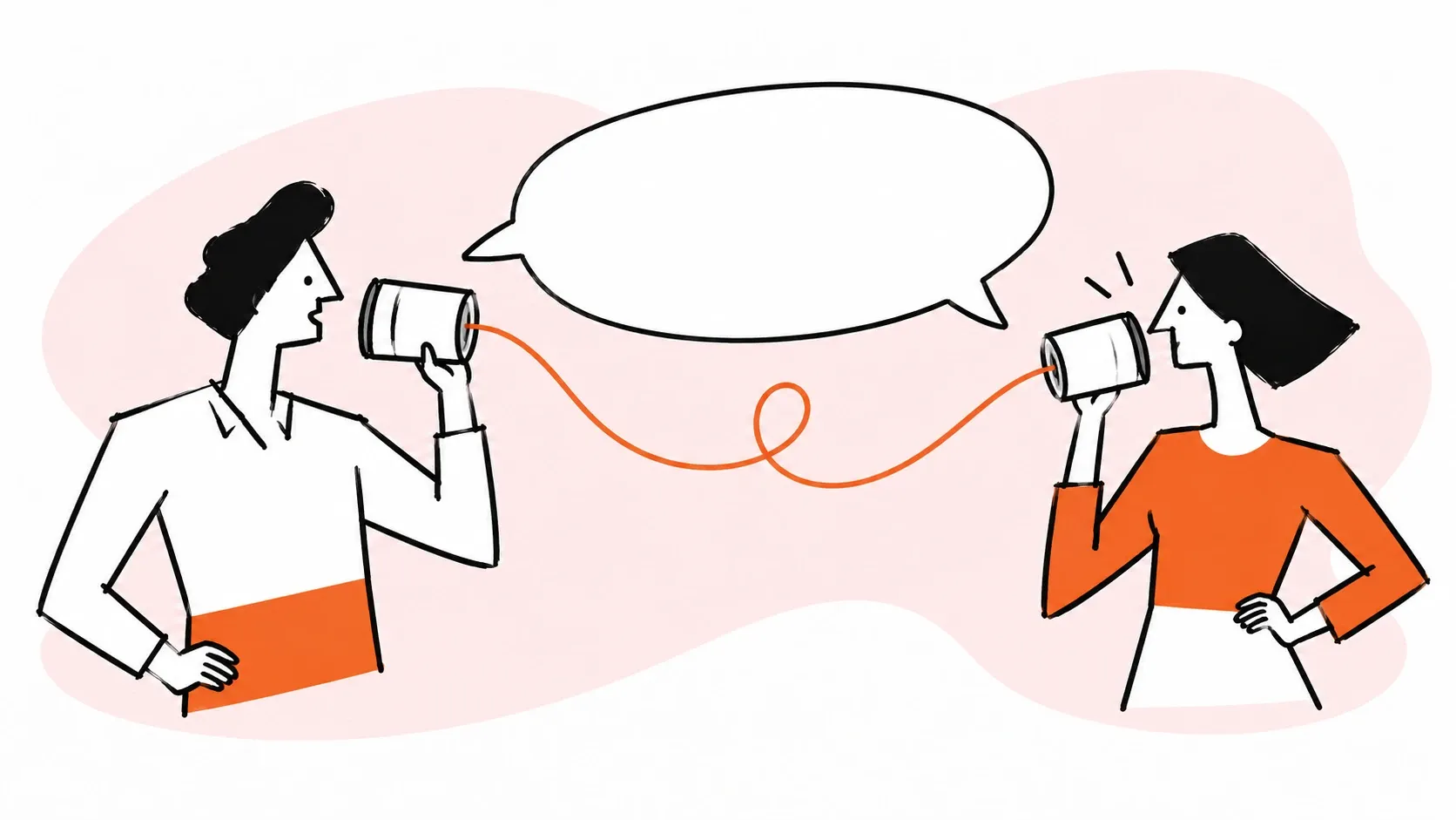 Two teammates communicate through tin-can telephones connected by an orange cord.