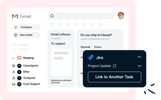 The Jira panel open beside a customer email in Gmail, with a Link to Another Task button
