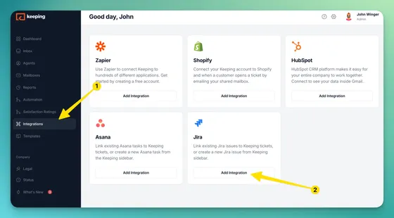 The Integrations page in Keeping, with arrows pointing to the Integrations menu item and the Add Integration button on the Jira card