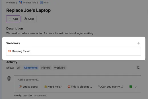 A Jira issue with a Keeping Ticket entry under Web links