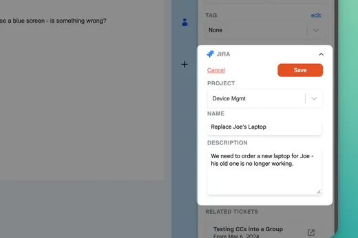 The Jira section of the Keeping sidebar with Project, Name and Description fields filled in for a new issue