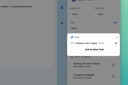 The Keeping sidebar showing linked Jira issue PT-5, Replace Joe’s Laptop, with status To Do and a Link Another Task button