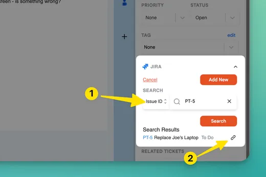 Searching Jira by issue ID PT-5 from the Keeping sidebar, with the matching issue and its link icon in the results