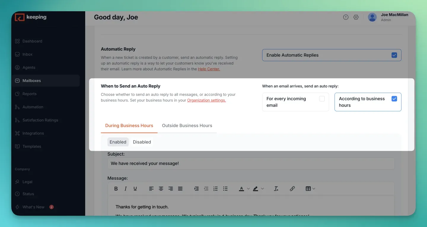 Keeping mailbox settings with Enable Automatic Replies checked, “According to business hours” selected, and tabs for During Business Hours and Outside Business Hours