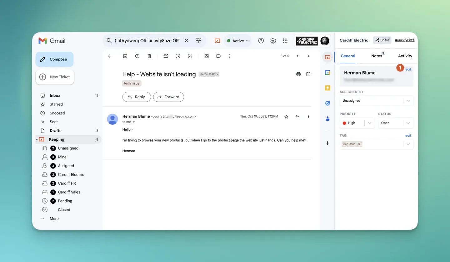 Keeping’s ticket sidebar in Gmail, with Assigned to, Priority and Status controls beside a customer conversation