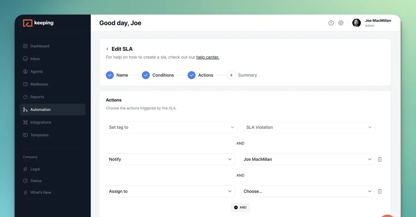 Keeping’s SLA actions: set the SLA Violation tag, notify a teammate and assign the ticket