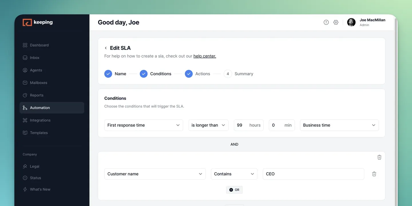 Keeping’s SLA builder with a First response time condition measured in business time, plus a Customer name condition