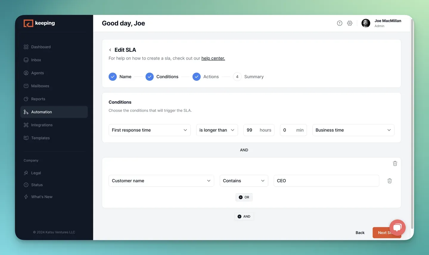 Keeping’s Edit SLA screen on the Conditions step, with First response time is longer than a set number of hours in business time, plus an extra condition on customer name