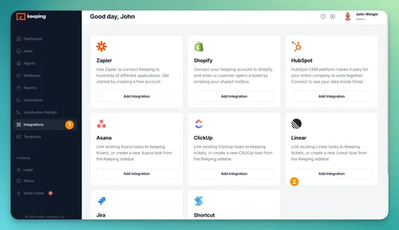 The Integrations page in Keeping, with numbered markers on the Integrations menu item and the Add Integration button on the Linear card