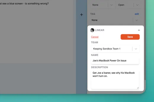 The Linear section of the Keeping sidebar with Team, Name and Description fields filled in for a new issue