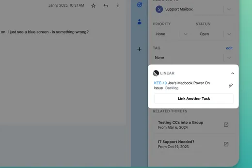 The Keeping sidebar showing linked Linear issue KEE-19, Joe’s Macbook Power On Issue, with status Backlog and a Link Another Task button