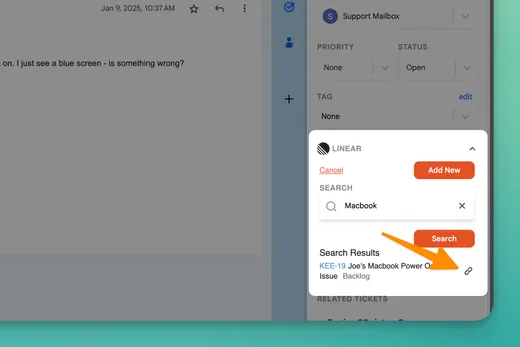 Searching Linear for “Macbook” from the Keeping sidebar, with a matching issue and its link icon in the results