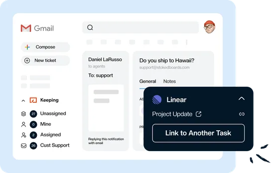 The Linear panel open beside a customer email in Gmail, with a Link to Another Task button