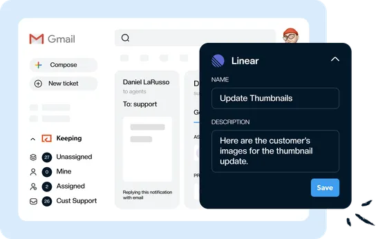 A new Linear issue being created from a Keeping ticket, with its name and description filled in
